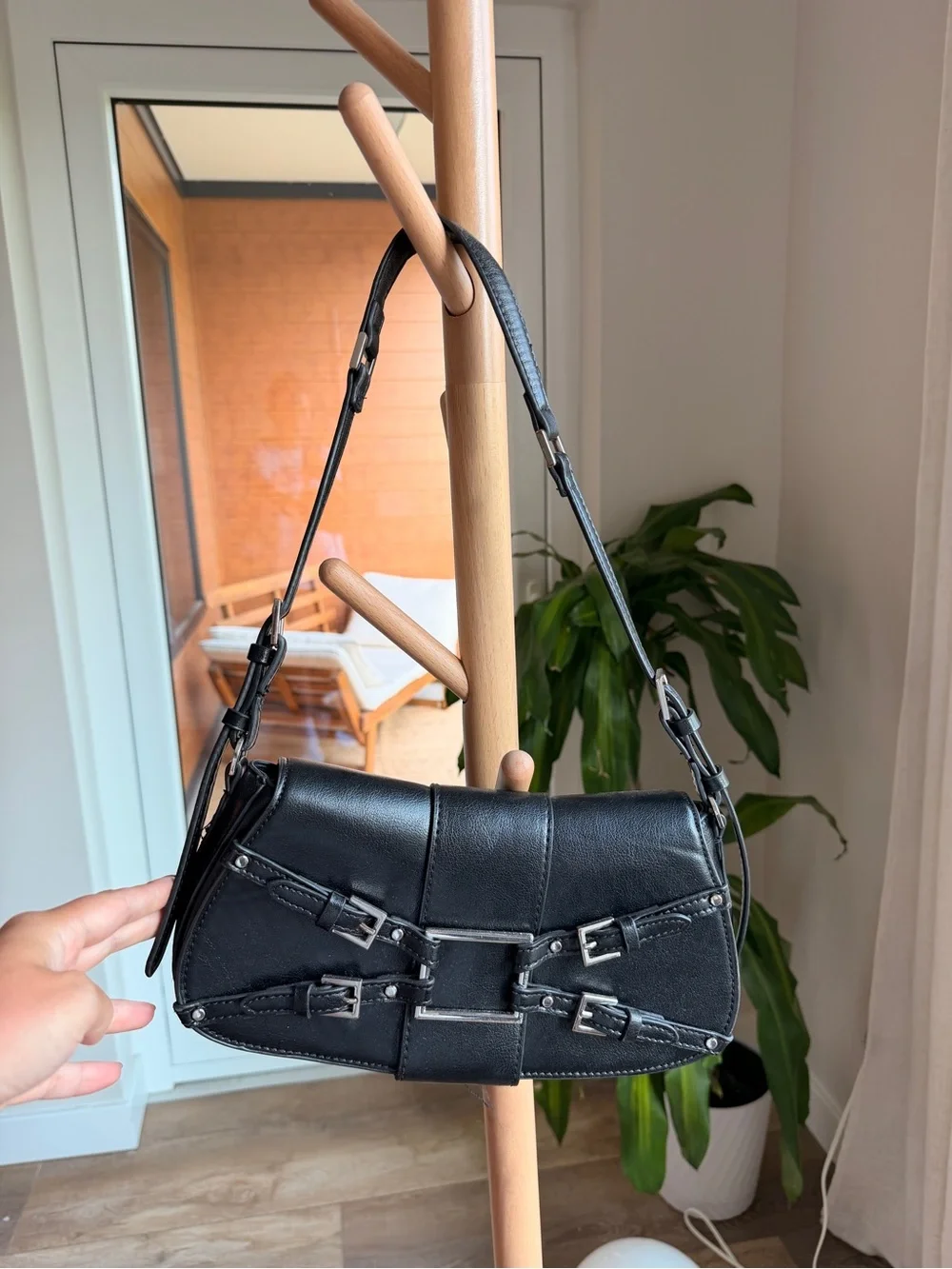Zara Black Shoulder Bag with Buckle Straps
